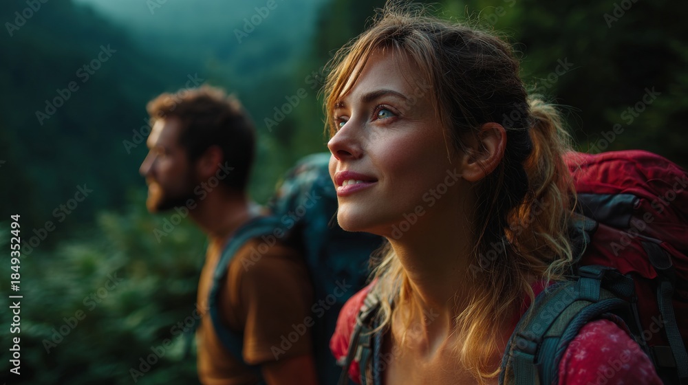 custom made wallpaper toronto digitalCouple hiking and enjoying the view on a mountain trail. A woman with a backpack looks towards a distant view with her partner alongside, symbolizing adventure and travel