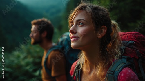 Wallpaper Mural Couple hiking and enjoying the view on a mountain trail. A woman with a backpack looks towards a distant view with her partner alongside, symbolizing adventure and travel Torontodigital.ca