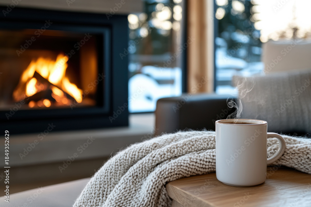 Fototapeta premium A steaming mug of hot beverage sits invitingly beside a warm fireplace, embodying comfort, relaxation, and the essence of cozy winter moments indoors.
