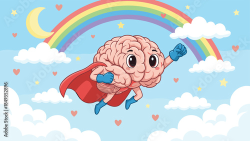 Cute pink cartoon brain superhero character flying in blue sky with rainbow, clouds, moon, and stars, vector illustration design.