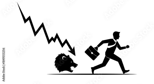A man runs from a lion with a briefcase as a declining graph looms overhead in a business setting.