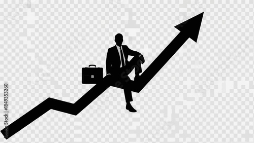 Businessman sitting on a rising arrow with a briefcase, symbolizing career growth and success in a professional environment.