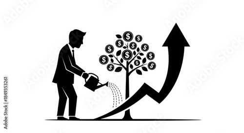 A businessman nurtures a tree with dollar leaves, symbolizing investment growth, as a rising graph arrow indicates financial success and prosperity in a simple illustration.