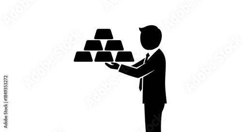 Man in a suit presenting gold bars in a formal gesture in an office setting illustration.