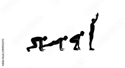 A person doing a burpee exercise in four stages from start to finish in a fitness routine.