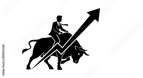 A man in a suit rides a bull upward on a large arrow chart.