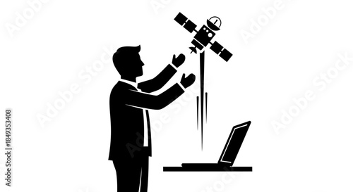 A man in a suit interacts with a satellite hovering above a laptop, depicted in a simple illustration style, viewed from the side.