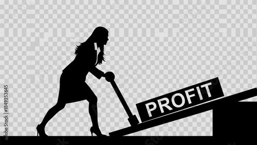 A woman struggles to push a large profit sign up a steep ramp in a determined fashion.
