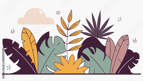 Flat vector illustration of tropical jungle leaves and plants with soft pastel colors and minimalist aesthetic