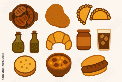 Classic Argentinian Food Icon Set with Asado, Empanadas and Dulce de Leche in Flat Vector Style