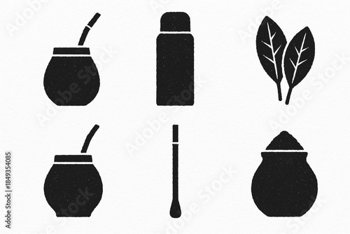 Yerba Mate Icon Set with Gourd, Bombilla and Thermos in Flat Vector