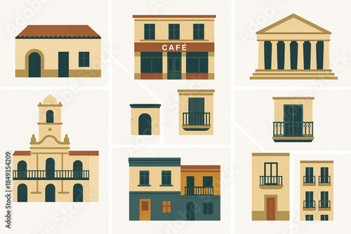 Argentine Architectural Icon Set with Colonial Houses, Cafes and Neoclassical Buildings in Flat Vector