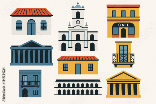 Argentine Architectural Icon Set with Colonial Houses, Cafes and Neoclassical Buildings in Flat Vector