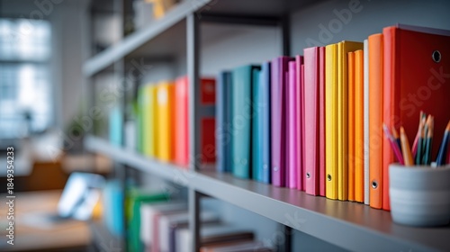Colorful Bookshelf Display - Rainbow-Hued Books, Pencils, and Cozy Interior Scene.