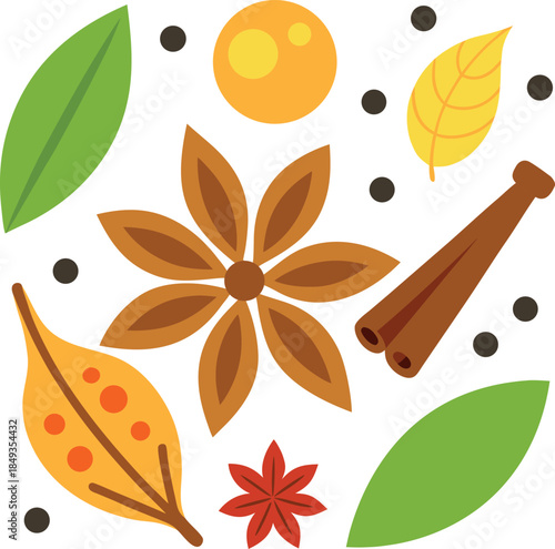 Assortment of warm aromatic spices and dried leaves perfect for holiday baking and cooking illustrations