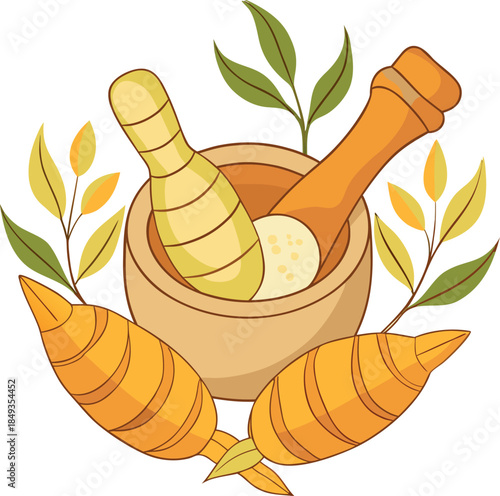 Herbal remedy preparation with mortar and pestle surrounded by fresh ginger roots and green leaves