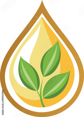 Natural essential oil drop icon with green leaves symbolizing organic plant based cosmetic ingredients