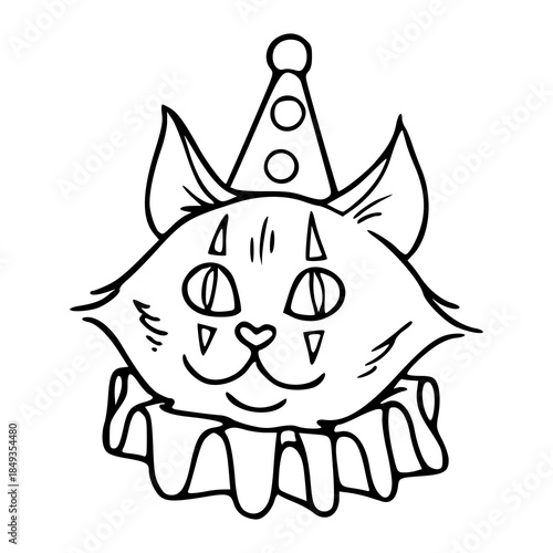 cute clown cat character in hand drawn line art style