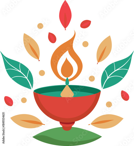 Stylized illustration of a traditional Diya lamp burning brightly surrounded by colourful autumn leaves and dots