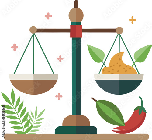 Balancing spicy food ingredients and natural elements on a traditional justice scale illustration