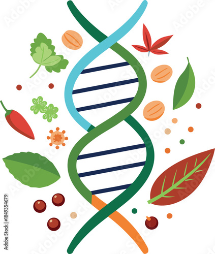 Genetic structure surrounded by natural elements representing botanical science and organic food origins