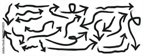 arrow collection on checkered paper sheet. Hand drawn crayon various arrows, curved, wavy and straight lines. Direction pointers for notes, doodle and school design. Playful emphasis elements