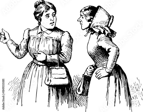 Valokuva Two women in dresses talking, hair in a bun, one holding a purse