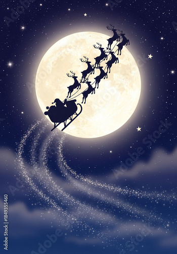 Santa Claus Flying in Sleigh with Reindeer Across Starry Night Sky and Full Moon, Magical Christmas Illustration, Generative AI