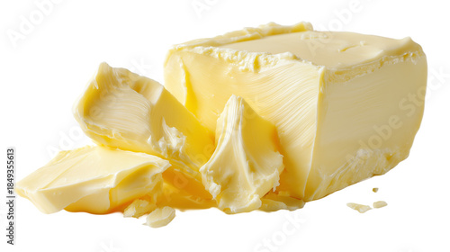 Big cubes of yellow butter isolated on white background or transparent png, showing smooth texture, rich color, and creamy consistency.
