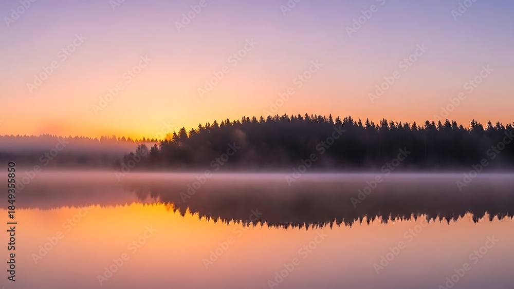 Fototapeta premium Serene lake landscape at dawn with misty forest reflection