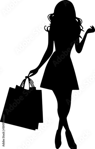 Silhouette of woman with shopping bags,Silhouette of fashionable women shopping with bags and baskets, walking confidently, stylish,