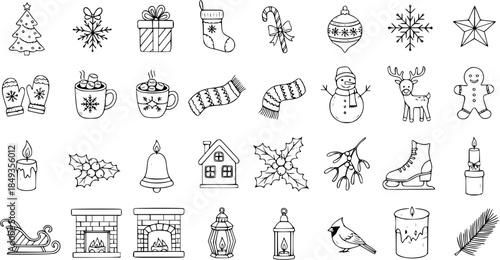 Christmas Doodle Icon Set: Festive Winter Holiday Symbols in Hand-Drawn Style