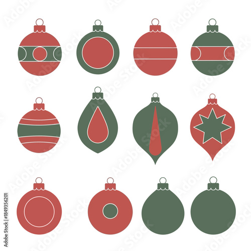 Collection of colorful Christmas ornaments with classic red and green designs for holiday