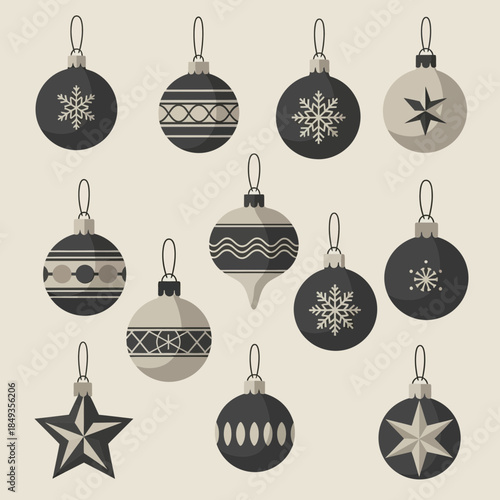 Collection of decorative Christmas ornaments with various festive designs and patterns set against