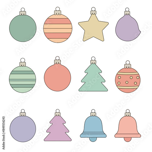 Colorful Christmas Ornaments Collection Featuring Various Shapes and Festive Decorations