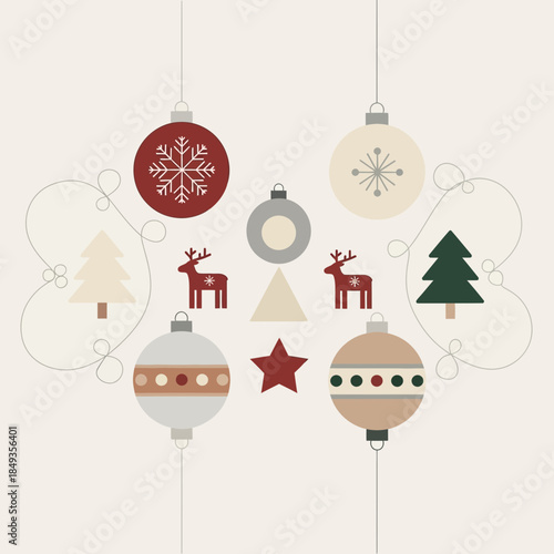 Minimalist Christmas Tree and Ornament Decorations with Reindeer and Star Motifs for Holiday