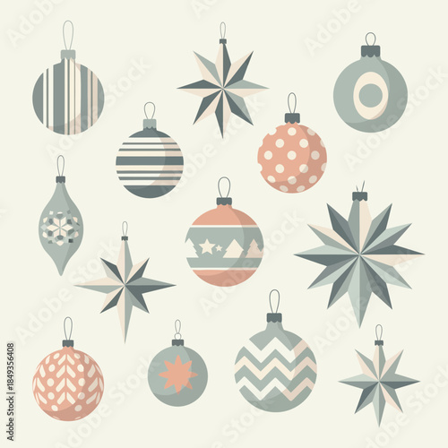 Set of Christmas and holiday ornament balls with various patterns and designs for festive decoration