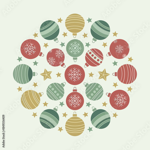 Festive holiday Christmas ornaments in red green beige colors with stars and snowflakes
