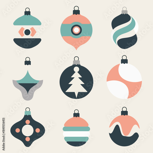Set of Christmas and holiday ornaments with modern geometric design in pastel colors