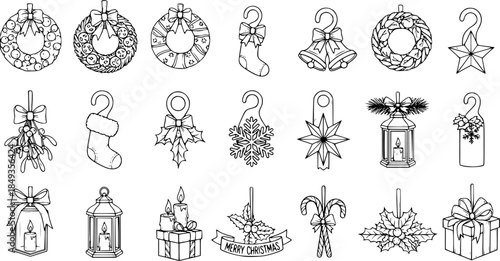 Christmas Ornaments Line Art Set: Festive Holiday Decor, Hand-Drawn Elements for Scrapbooking, Greeting Cards  Crafts