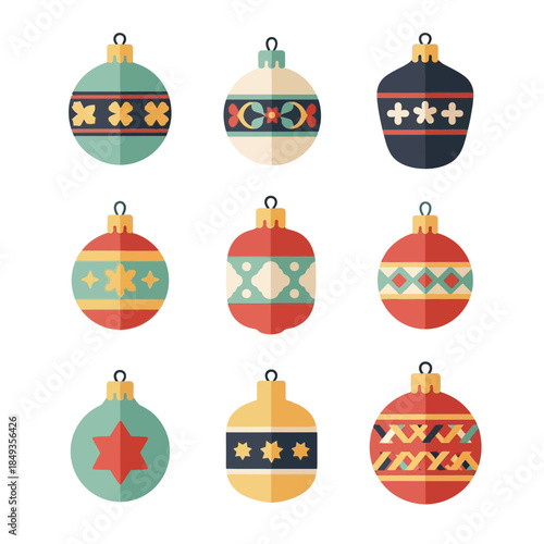Set of colorful Christmas baubles with various traditional patterns and festive designs for