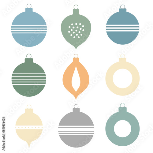 Set of Christmas ornaments with varied shapes and pastel colors for holiday decoration