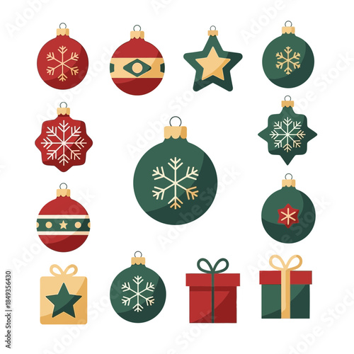 Set of Christmas ornaments and gift boxes with holiday decorations and festive symbols