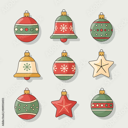 Set of Christmas Tree Ornaments and Decorations Featuring Various Holiday Styles and Colors