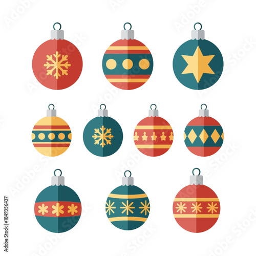 Set of colorful Christmas ornaments with festive designs and patterns for holiday decorating