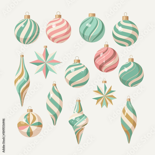 Set of colorful and decorative Christmas ornaments with pastel tones and festive designs