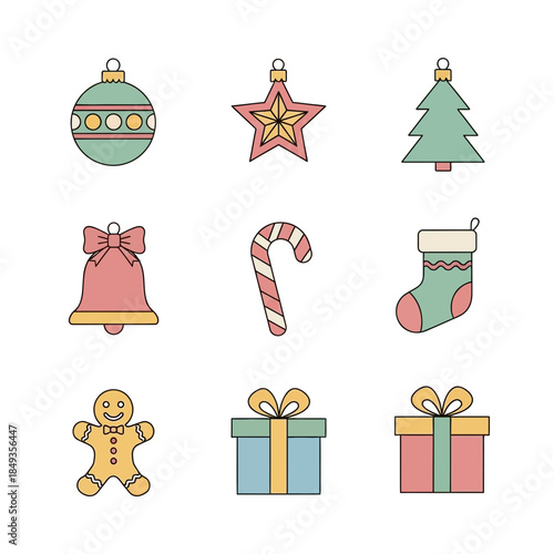 Set of Christmas and holiday themed icons including ornaments, stars, trees, and gifts perfect for