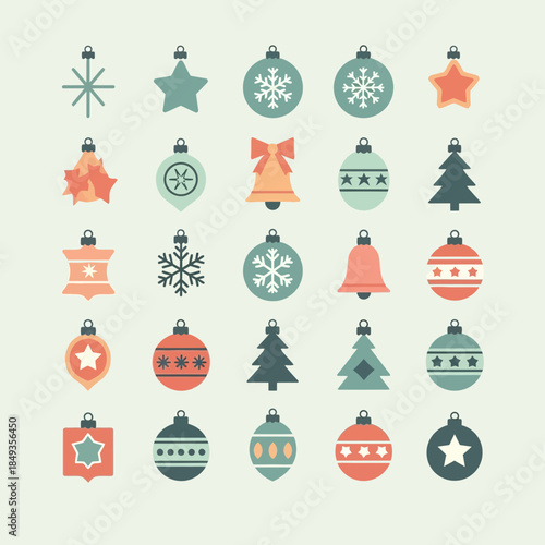 Set of festive Christmas ornaments including trees snowflakes bells and stars in pastel colors for