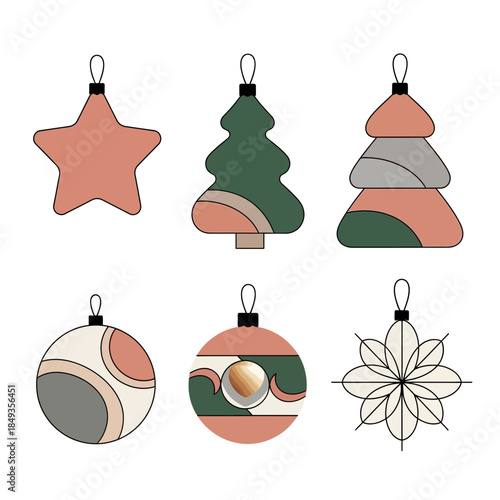 Set of minimalist Christmas ornaments including a star tree topper, a decorated Christmas tree,