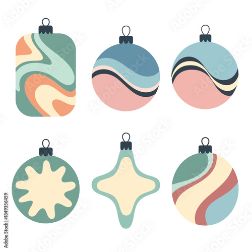 Set of six modern and abstract Christmas ornaments with varied geometric and fluid patterns